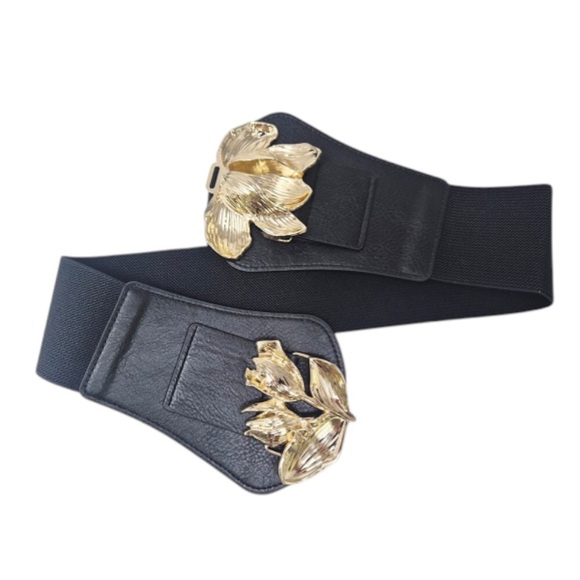 Gold or Silver Metal Floral Buckle Accent Wide Stretch Elastic Statement Belt main image 12